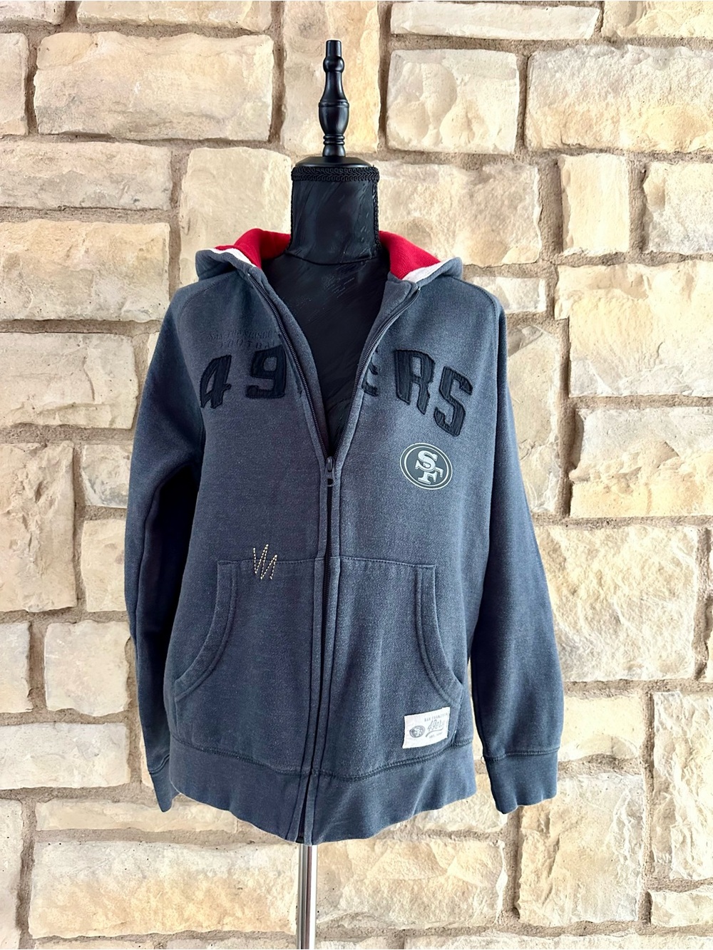 Women's Gray 49ers Zip-Up Puffer Hoodie with Red-Lined Hood